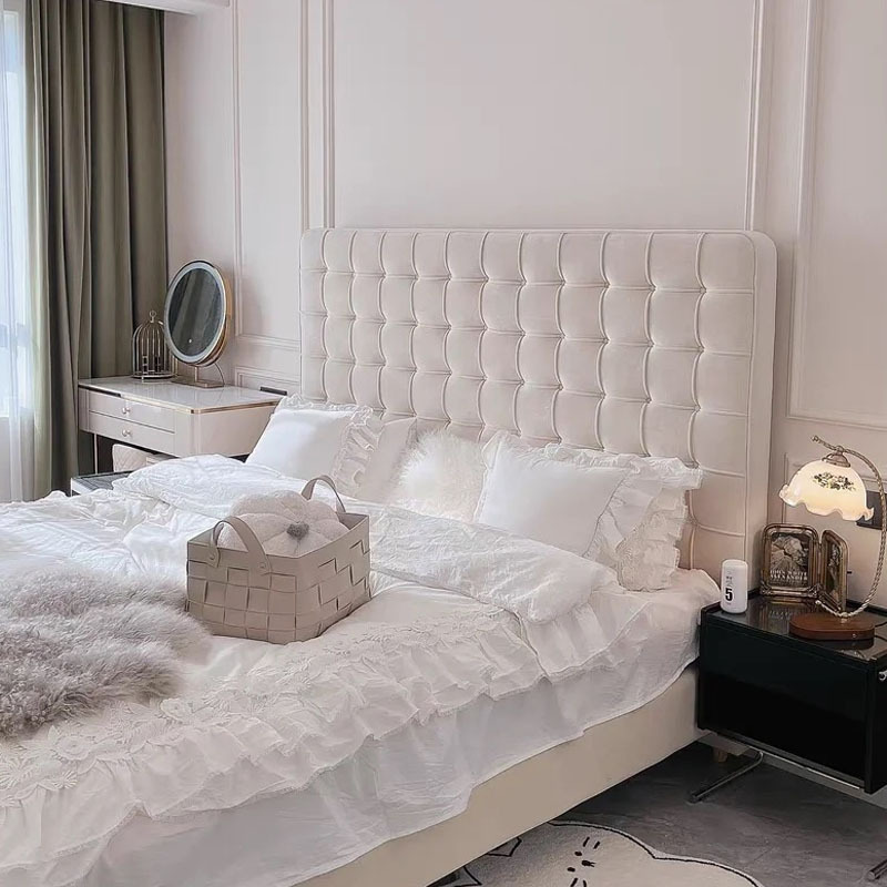 北歐侘寂風絨布拉扣高背床網紅ins復古簡約1.8大床小戶型臥室家具