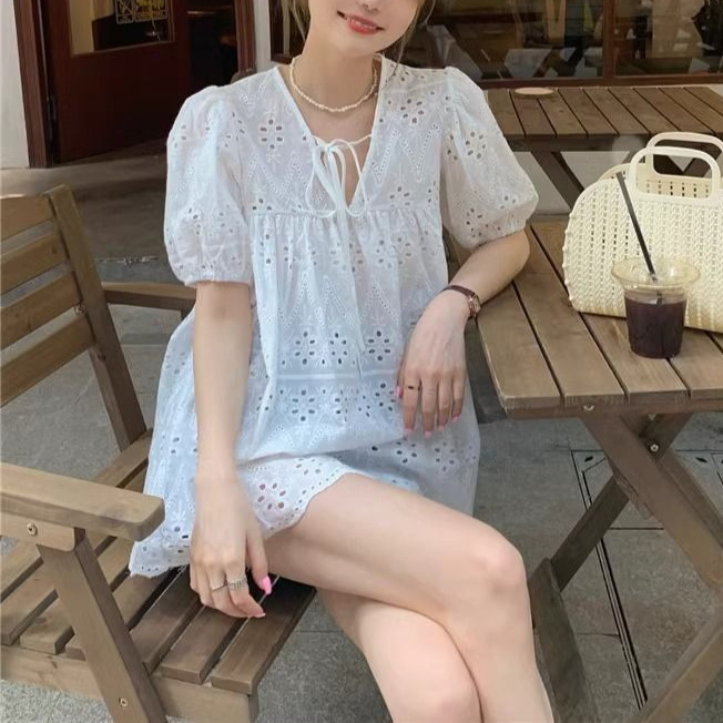 French White Design Hollow Lace Top Women's Summer Versatile Loose Short-Sleeved Puff-Sleeved Shirt