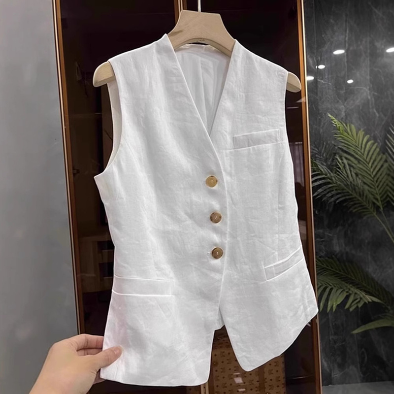 Linen Sleeveless Suit Vest Jacket for Women Spring and Summer Classy Retro Layered V-Neck Cotton and Linen Vest Vest Top Autumn