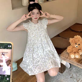 2025夏装可爱碎花小飞袖大码连衣裙女法式甜美宽松无袖短款裙子