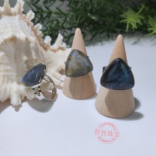天然拉长石水晶三角形戒指 月光石开口可调节活口食指戒简约手饰