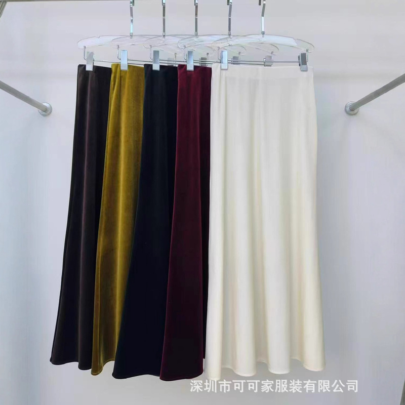 时尚百搭醋酸丝绒半身裙女秋季新款高腰修身显瘦A字鱼尾裙半裙子|undefined