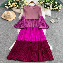 欧美撞色褶皱拼接轻奢连衣裙女钉珠喇叭袖大摆裙高级感超火蛋糕裙