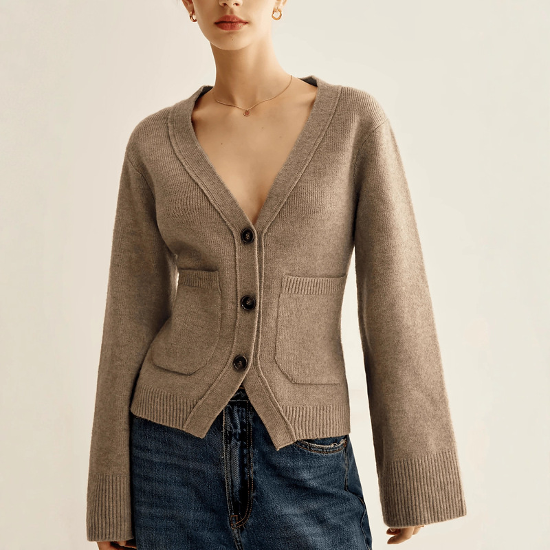 European and American Cross-Border Foreign Trade Elegant Casual Autumn and Winter Knitted Cardigan Pure Color Front Button Simple Sweater Jacket with Pockets