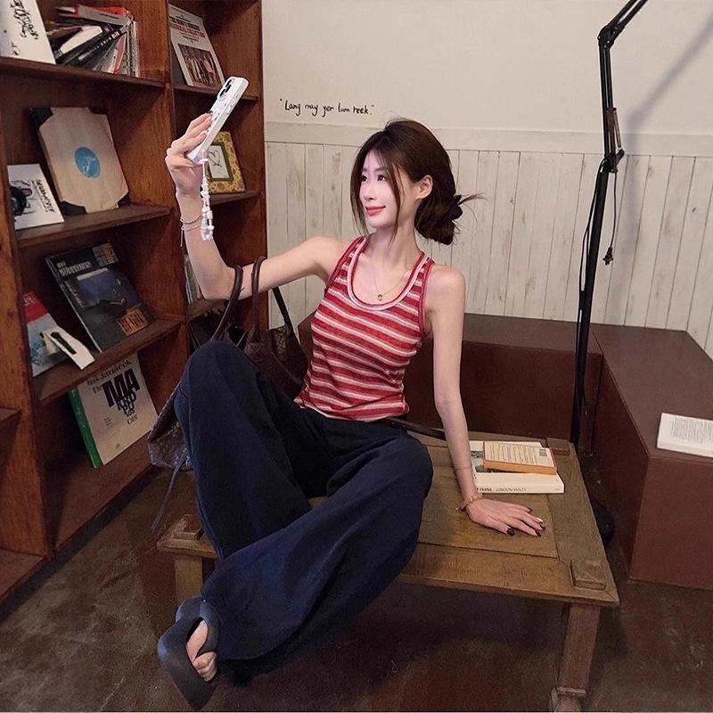 2025夏季新款小众红色条纹吊带背心别致绝美显瘦内搭港风无袖上衣