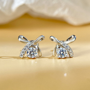 S925 Sterling Silver Earrings, Moissanite Earrings, Bowknot Style for Women, Versatile with Diamond Inlay, Cross-Border Wholesale Earrings, Light Luxury