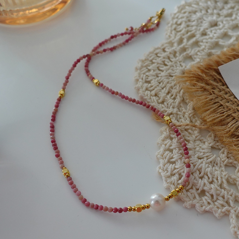 Pink Natural Stone Freshwater Pearl Necklace Woolen Chain Accessories New Year Atmosphere Antique Clavicle Chain