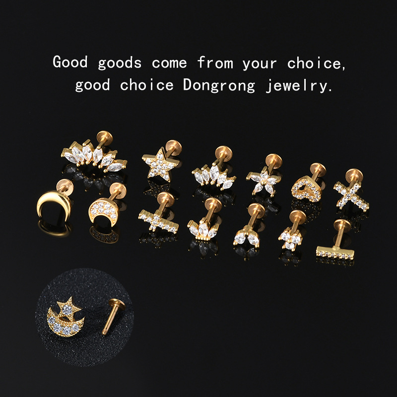 lip stud, Nose studs Classification Classic Style Streetwear Geometric Moon Heart Shape Stainless Steel Copper Zircon Lip Stud Nose Studs In Bulk Nose Pin