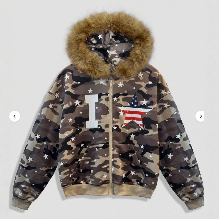 Amazon's New Trendy Brand American Flag Element Sweatshirt with Large Fur Collar, Hooded Zipper Cardigan, Thickened and Warm Men's Clothing Amazon's New Trendy Brand American Flag Element Sweatshirt with Large Fur Collar, Hooded Zipper Cardigan, Thickened and Warm Men's Clothing