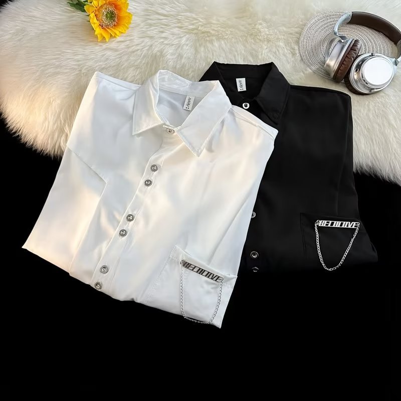 Erkek Zincir Detaylı Uzun Kollu Sokak Giyimi Gömlek Büyük Boy Düğmeli, Çıkarılabilir Aksesuarlı Gömlek (Siyah/Beyaz, M-3XL)_voghion.com