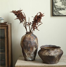 手工粗陶花器侘寂陶罐土陶干花花瓶客厅摆件坛子花器落地禅意花盆
