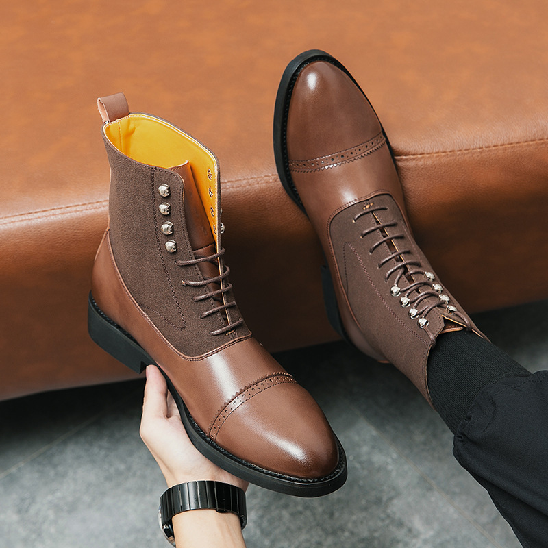 Botas de cuero de negocios de otoño y invierno transfronterizas para hombres europeos y estadounidenses botas de vaquero de gran tamaño de moda británico botas casuales de alto nivel de color sólido