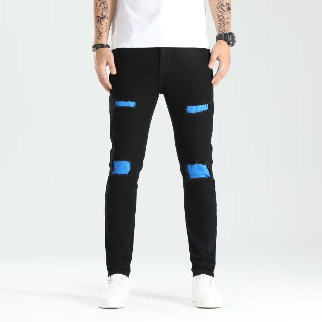 Jeans Ajustados Rasgados para Hombre de Algodón, Elástico, Con Parches, para Uso Casual