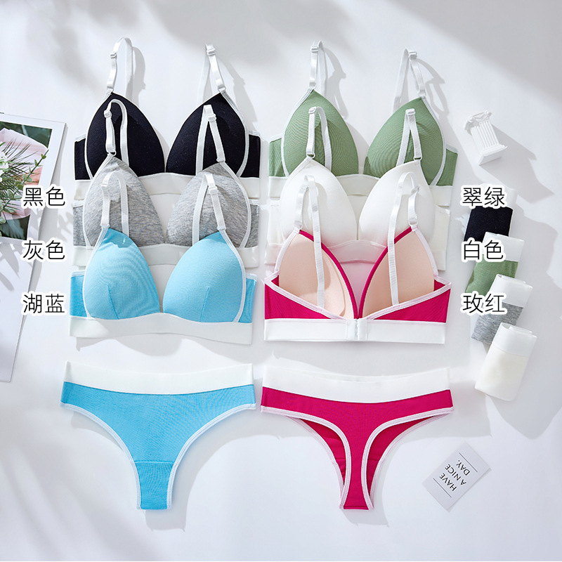 2501 # Cross-Border New Color Matching Sexy Deep V Triangle Cup Set Sweet Pure Desire Mid-Waist Underwear Bra Set