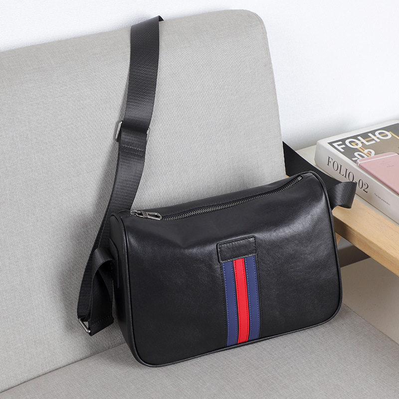 Túi đeo chéo nam da bò thật 29×11×17 cm phong cách đường phố — Màu đen