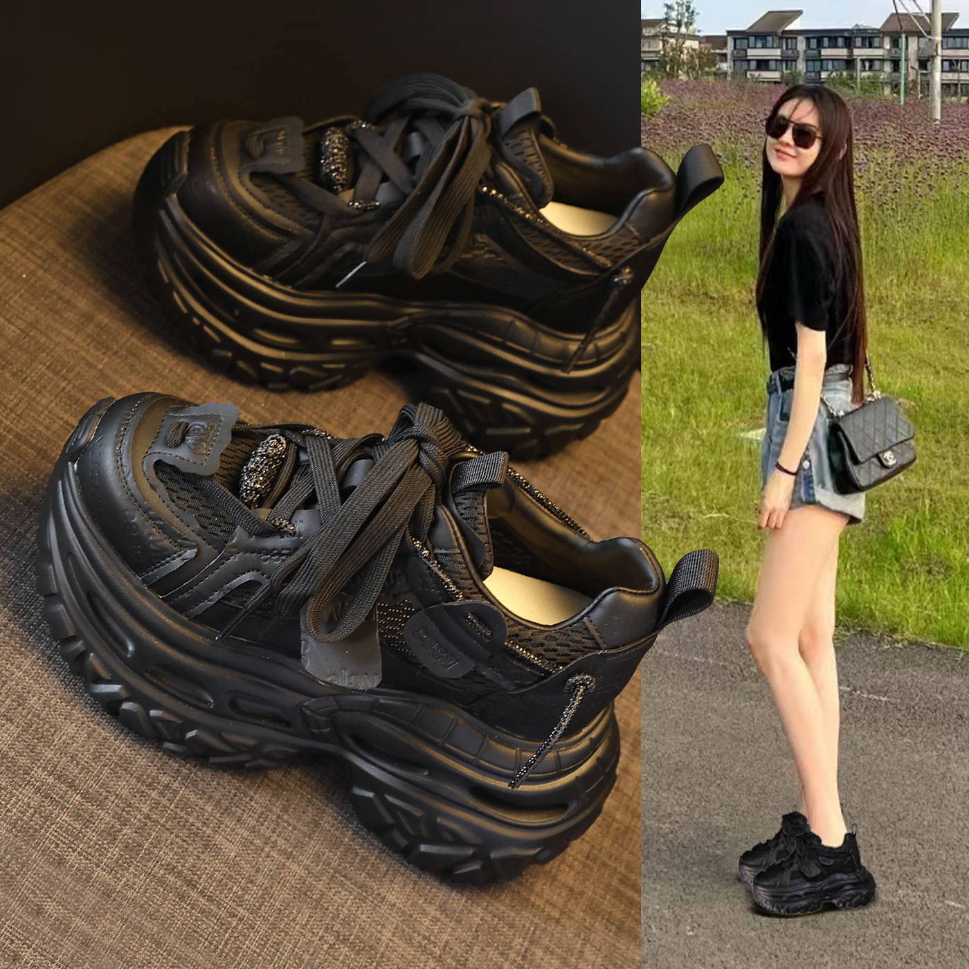 Giày sneaker nữ đế dày tăng chiều cao, lưới thoáng khí, phong cách thể thao — Tro thô
