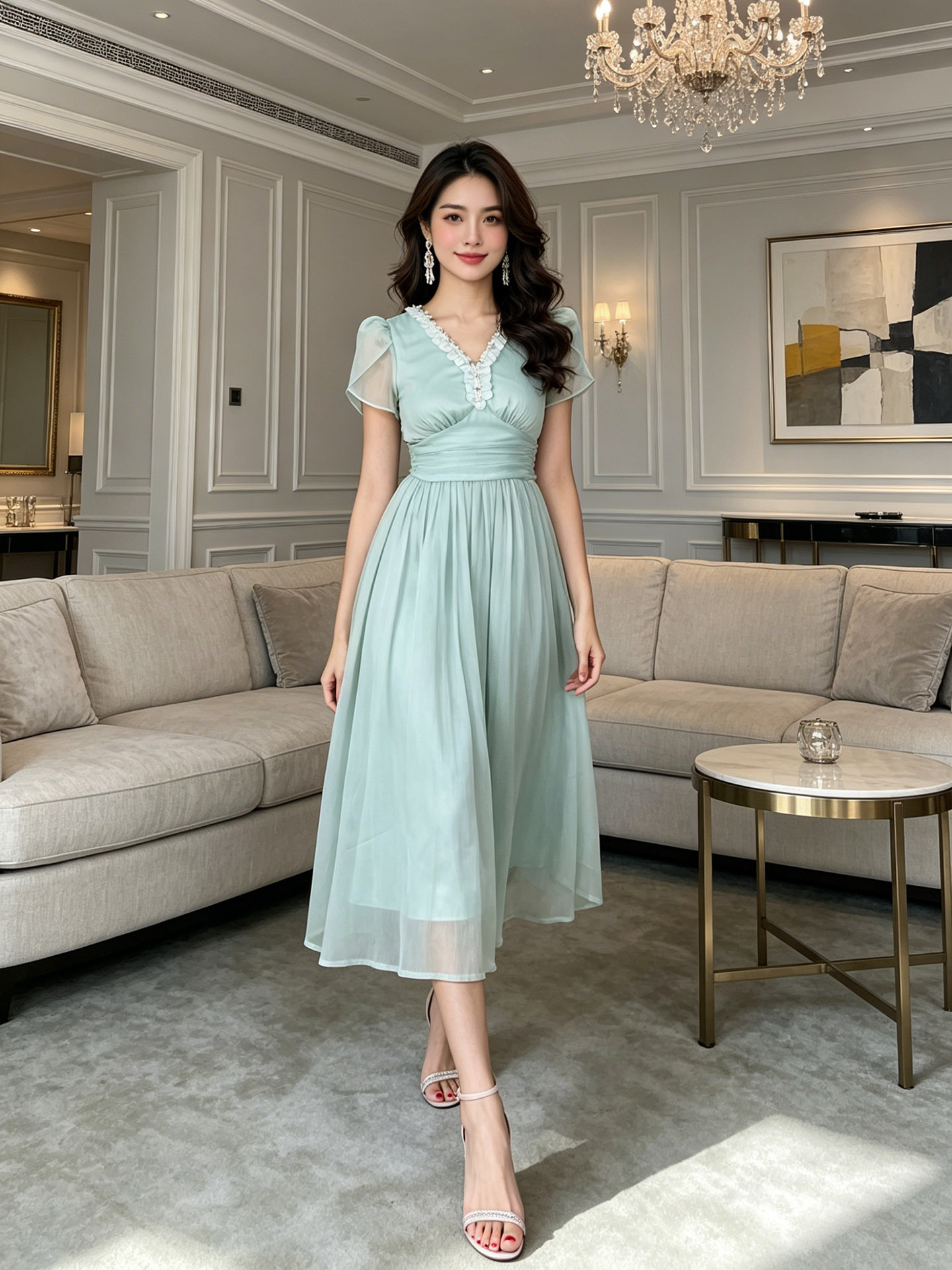 Đầm maxi nữ cổ chữ V thắt eo xòe chữ A dáng dài — Xanh lá cây jasmine