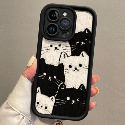 Screen-Filling Black and White Cartoon Cat Phone Case for Xiaomi 15 Pro, Redmi K80 Lanyard, NOTE 13 Stereo Relief
