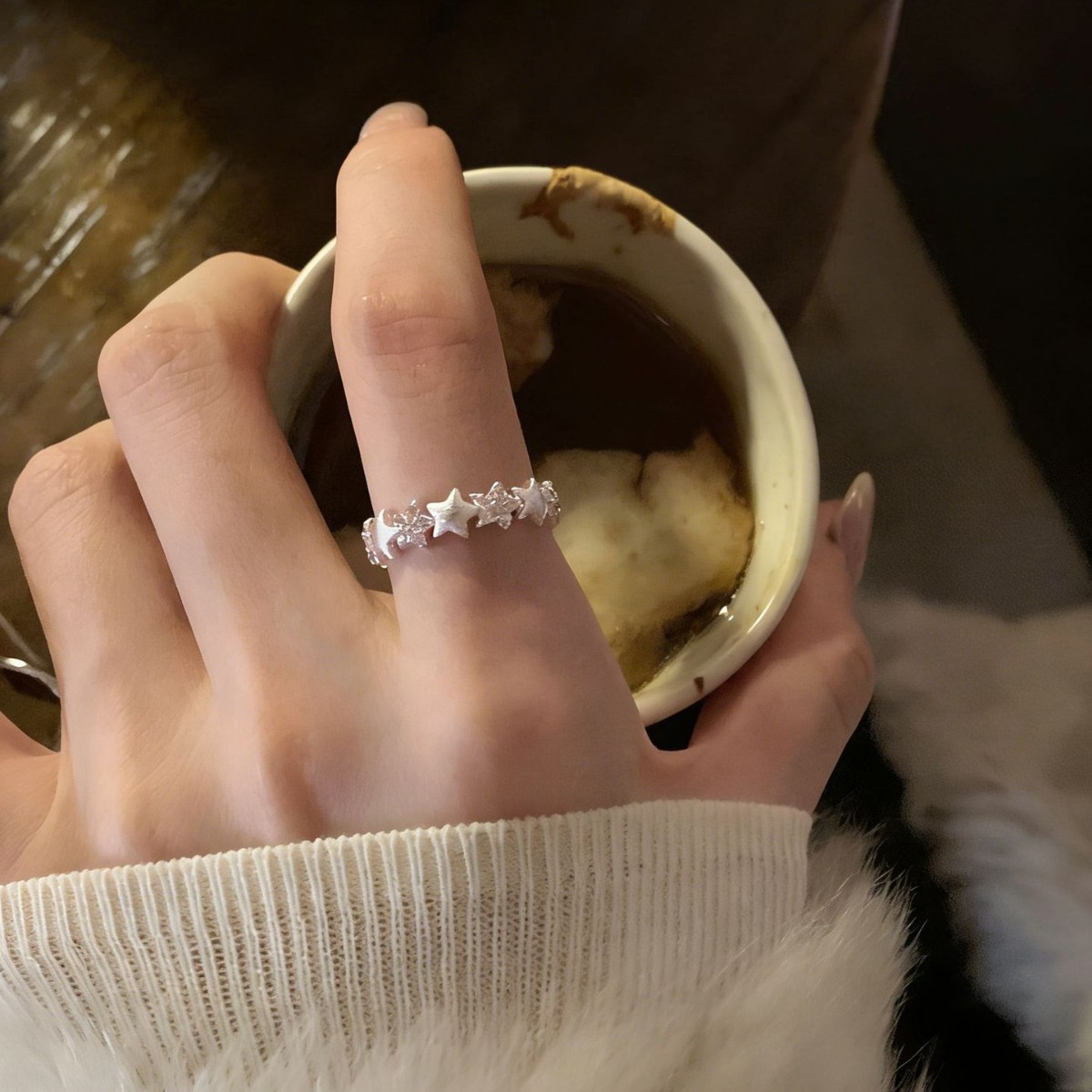 Minimalist Brushed Sterling Silver Star Ring For Women Adjustable_voghion.com
