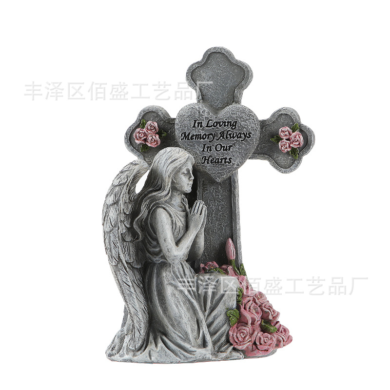 Estatuas de ángeles de oración retro transfronterizas lámparas solares cruz conmemorativa adornos cementerios de resina decorativos de jardín