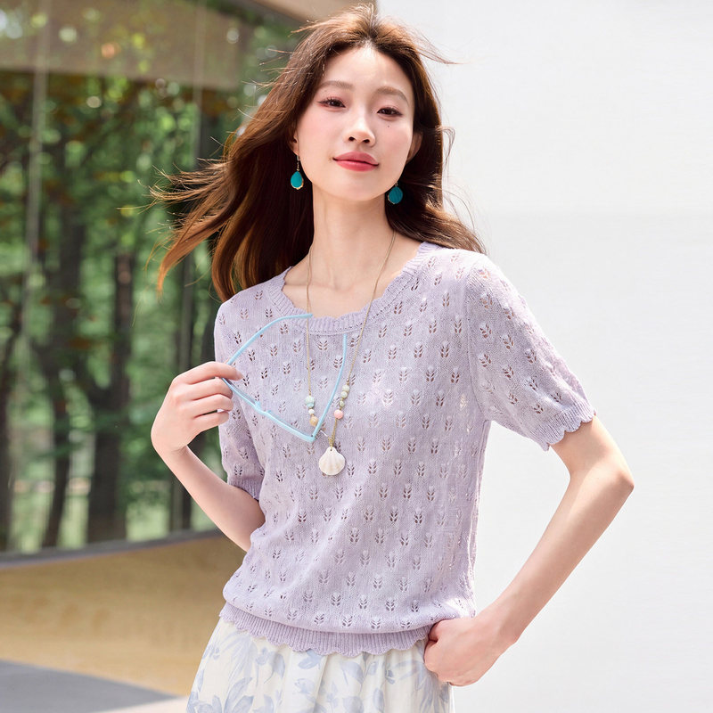 Hollow-Out Knit Top for Women, Short-Sleeve Thin Cover-Up, Summer T-Shirt, Slim-Fit Top for Petite Figures, 2026 New Style Blouse Hollow-Out Knit Top for Women, Short-Sleeve Thin Cover-Up, Summer T-Shirt, Slim-Fit Top for Petite Figures, 2026 New Style Blouse