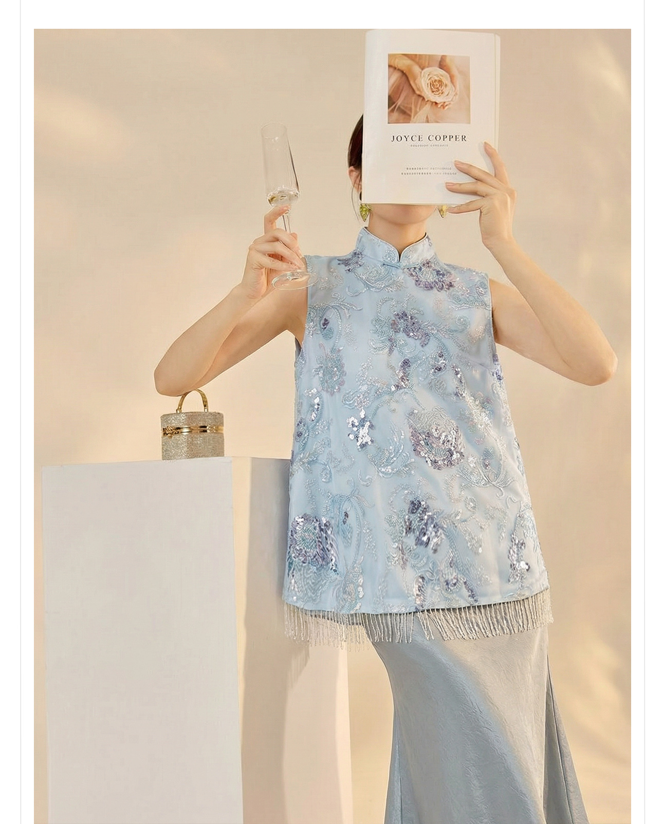 Áo gile nữ thêu sequin tua rua phong cách tân cổ điển xuân hè — xanh lam, màu mơ chi tiết 14