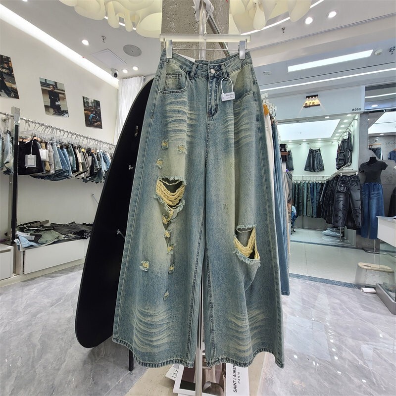 American-Style High Street Washed Ripped Wide-Leg Jeans for Women, Thin High-Waisted Straight-Leg Casual Pants