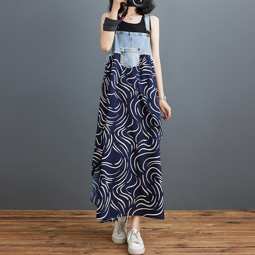 27-color Cross-border Japanese Lotte foreign trade loose denim patchwork floral print overalls dress