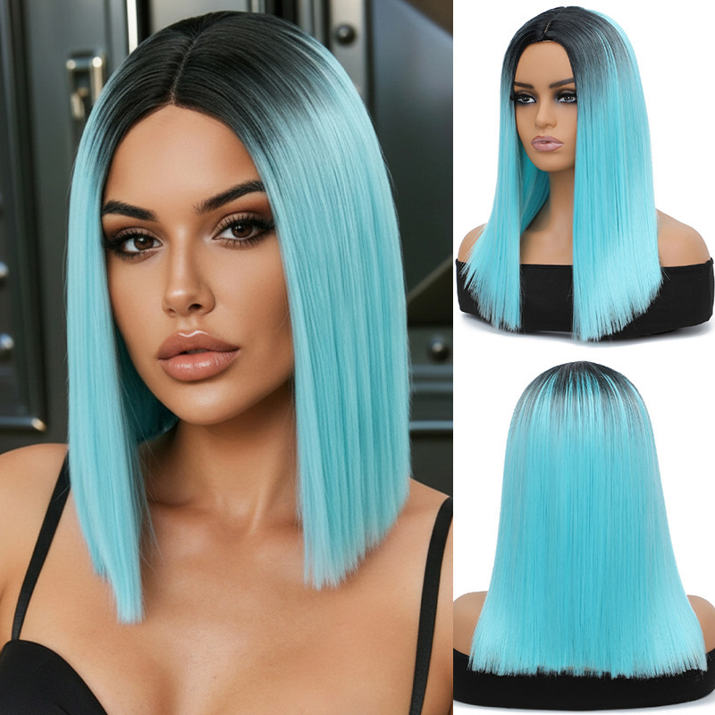 Cross-Border Fashion Women's Full Head Wig, Black and Blue Gradient Short Straight Hair, High-Temperature Fiber, Collarbone-Length Wig Cross-Border Fashion Women's Full Head Wig, Black and Blue Gradient Short Straight Hair, High-Temperature Fiber, Collarbone-Length Wig