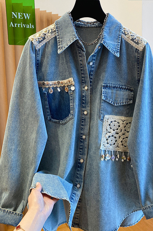 Shenzhen Nanyou European Denim Shirt Women's Spring 2025 New Loose Lace Epaulet Patchwork Shirt Jacket Top Shenzhen Nanyou European Denim Shirt Women's Spring 2025 New Loose Lace Epaulet Patchwork Shirt Jacket Top