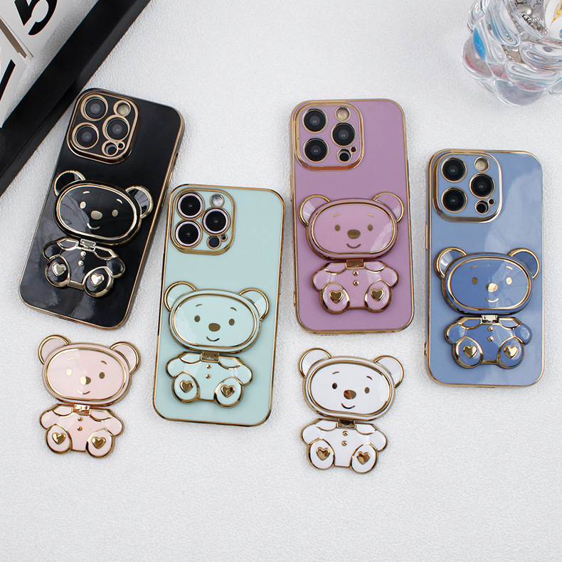 Smiling Bear Electroplated Mobile Phone Holder Pull-Out Mobile Phone Holder Suitable for Iphone15Pro Apple 14 Mobile Phone