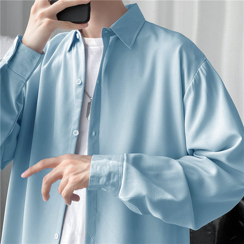 Pure Color Long Shirt Loose Drape Texture Shirt Men Spring and Autumn Candy Color Fashion Trend Ins Cool Style Dropshipping