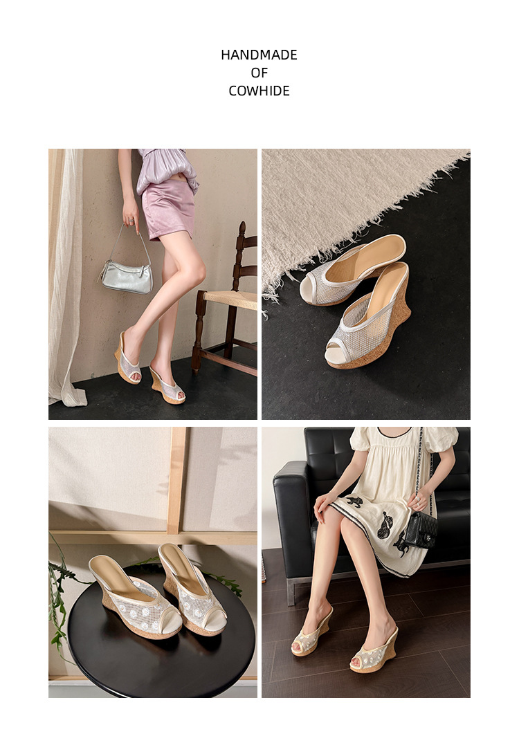 Sandal cao gót nữ hở mũi phong cách nghỉ dưỡng, đế xuồng thoáng khí, ren lưới, quai ngang, gót siêu cao — Hoa cúc nhỏ, Đính kim cương lấp lánh chi tiết 2