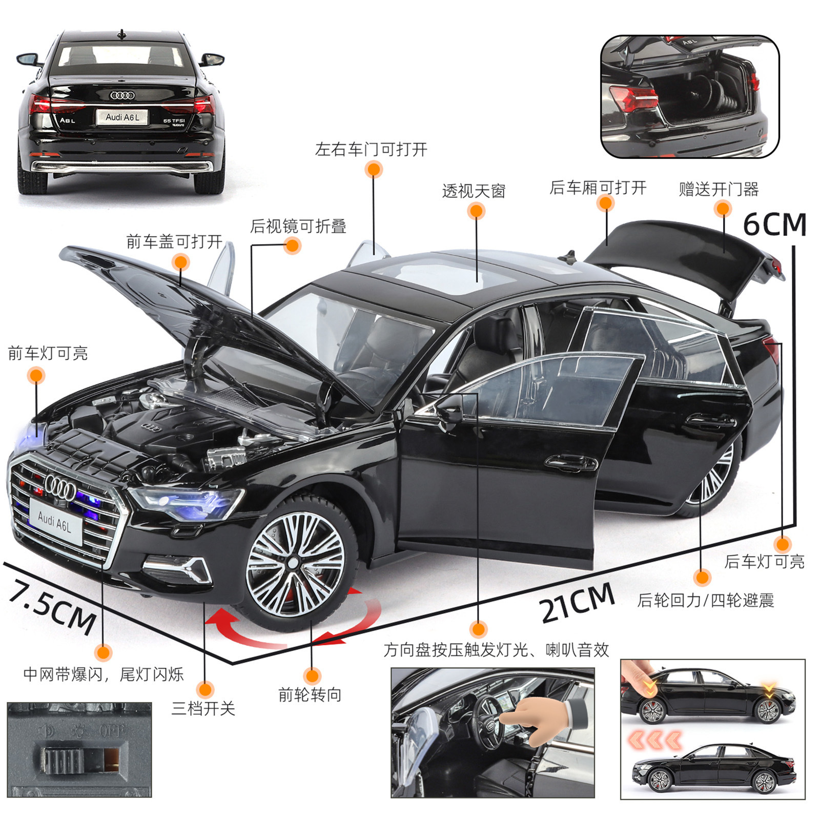 1:24 Genuino Audi A6L-versión flash coche de aleación sonido y luz de retorno simulación coche modelo niño juguete