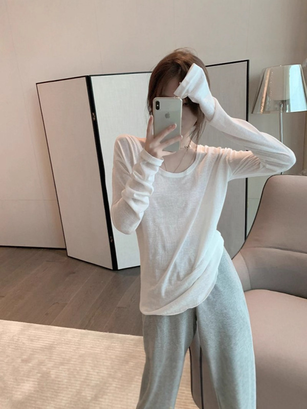竹节棉微透慵懒风长袖薄款T恤女韩版别致宽松上衣休闲宽领打底衫|undefined
