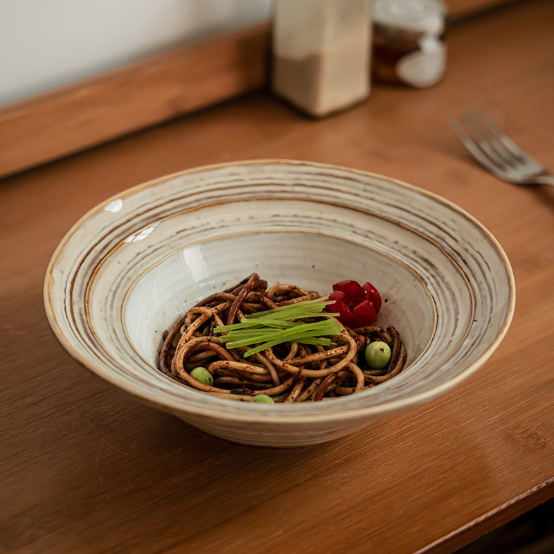 Retro Style Hand-made Straw Hat Bowl Household Nostalgic Tableware Large Bowl Ceramic Vegetable Bowl Japanese Style Vegetable Salad Bowl Spaghetti Bowl