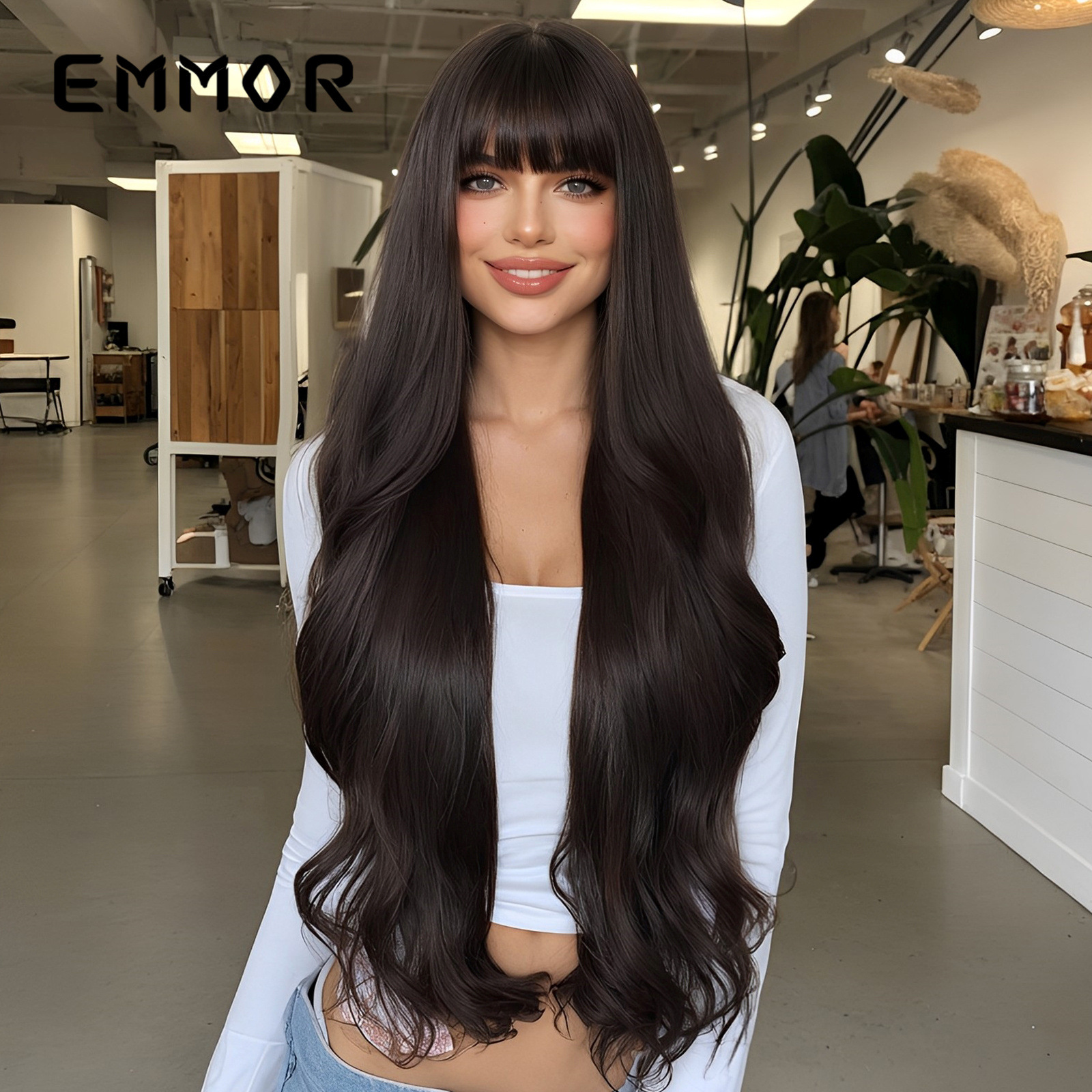 Emmor fuente transfronteriza Qi flequillo pelo largo rizado temperamento diosa y cintura peluca esponjosa natural pelo completo