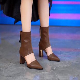 European and American High-Heeled Short Boots for Women Summer 2025 Fashionable Elegant Thick Heel Versatile French Pointed Toe Cut Out Sandals with Skirt