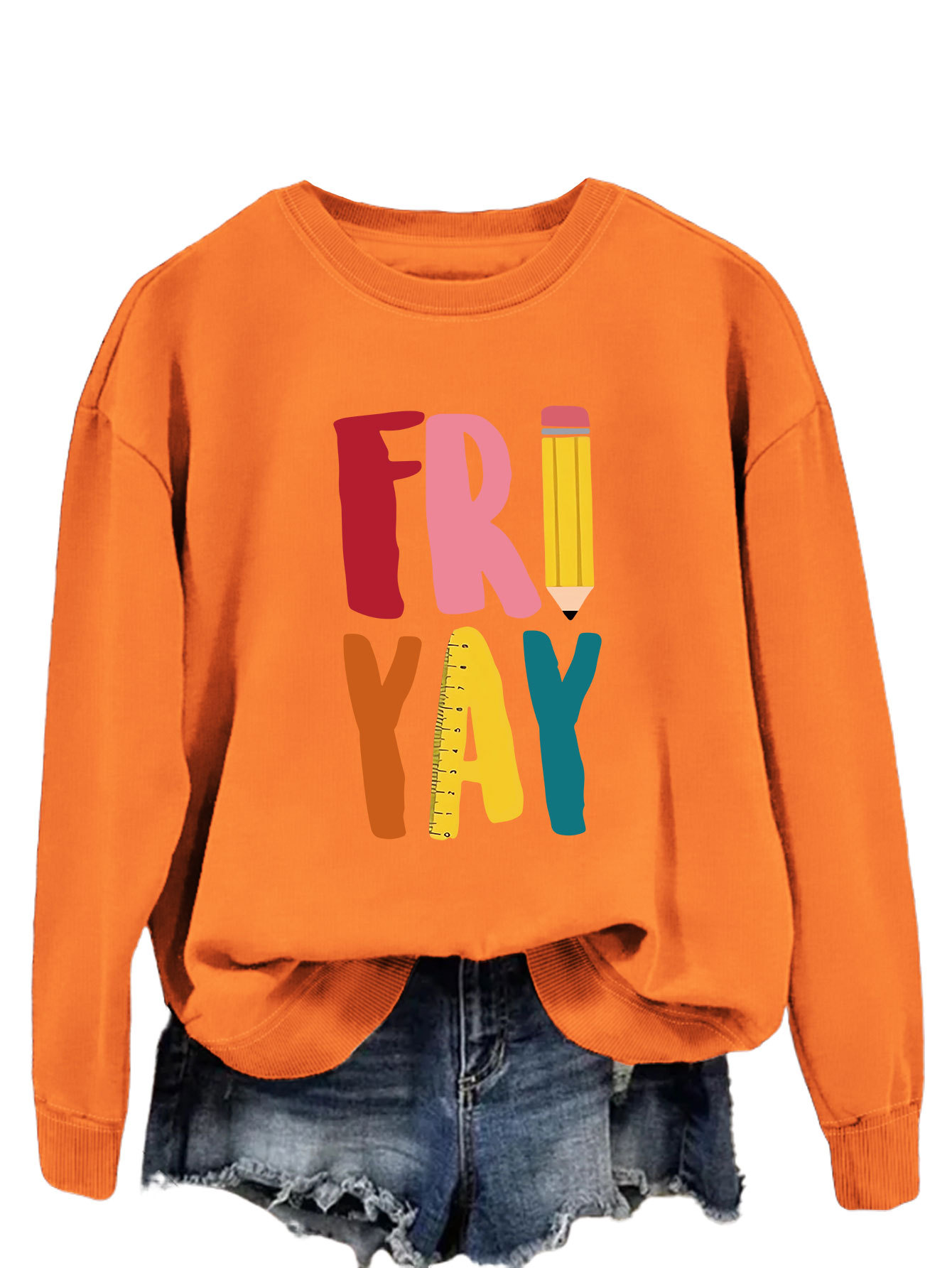 Estación independiente de moda Suelta todo fósforo superior FRI YAY lápiz divertido carta de impresión camisa de manga larga de las mujeres suéter