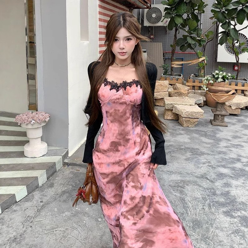 Pure Lust Style Lace Splicing Tie-Dye Suspender Dress Suit Women's Summer Thin Sun Protection Cardigan Sweet and Spicy Waist Long Skirt