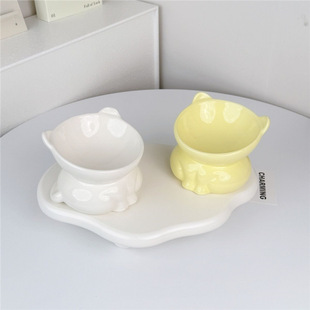 [Ceramic Material] Anti-Black Chin and Neck Protection Large Diameter Food Bowl Drinking Bowl Pet Dog Cat Bowl with High Legs and Slanted Mouth