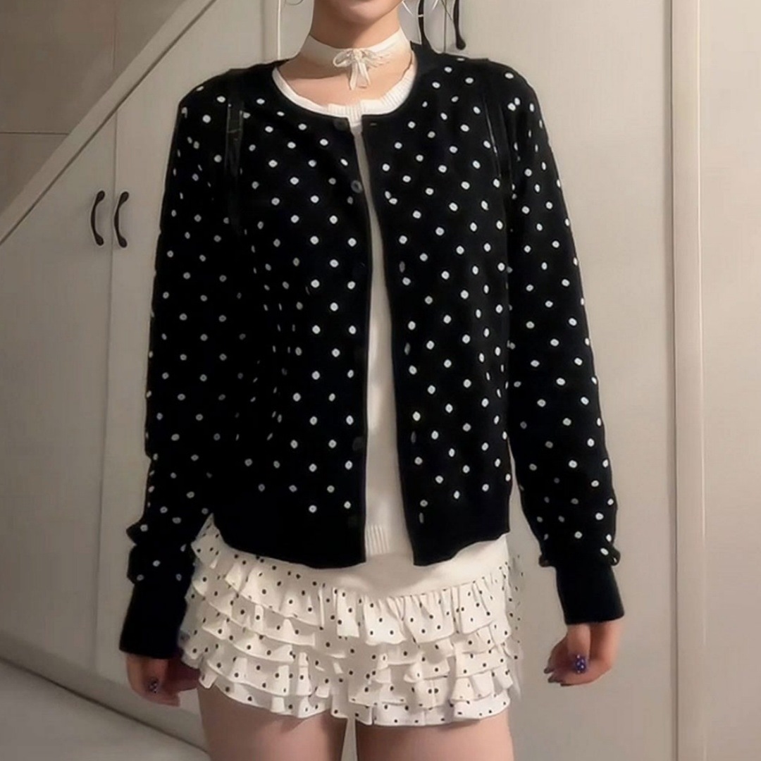 Korean Style Outfit Polka Dot Soft Waxy Cardigan Sweater Jacket Women's New Outer Knitwear Casual Short Top