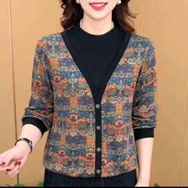 中老年女装秋季设计感圆领假两件百搭宽松显瘦洋气妈妈装长袖上衣