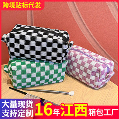 クロスボーダー新しい市松模様ニット化粧品袋コントラストカラーウールチェック柄鉛筆バッグ大容量化粧品収納袋