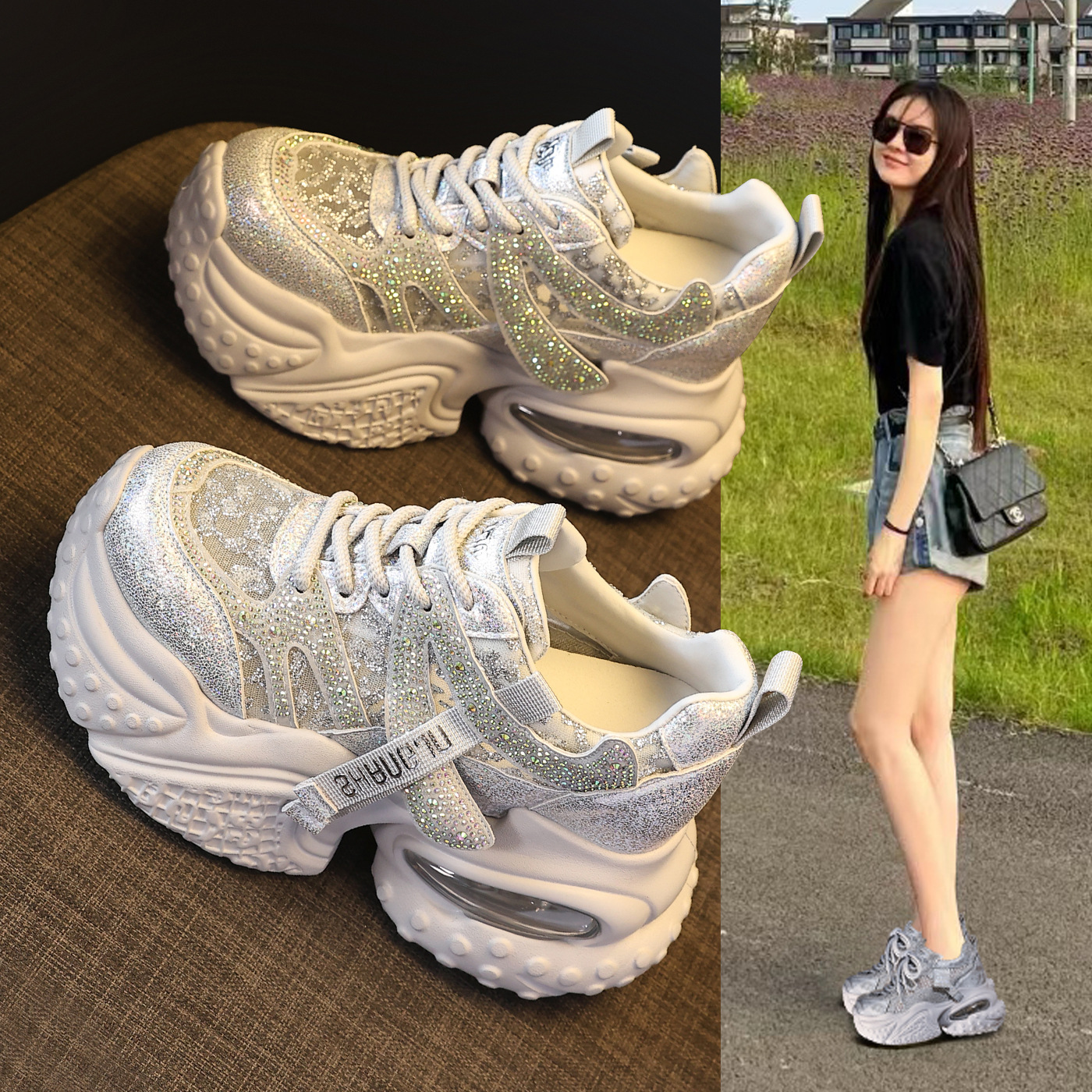 Giày sneaker nữ đế dày tăng chiều cao, mặt lưới đính đá rhinestone — Màu sắc rực rỡ bạc