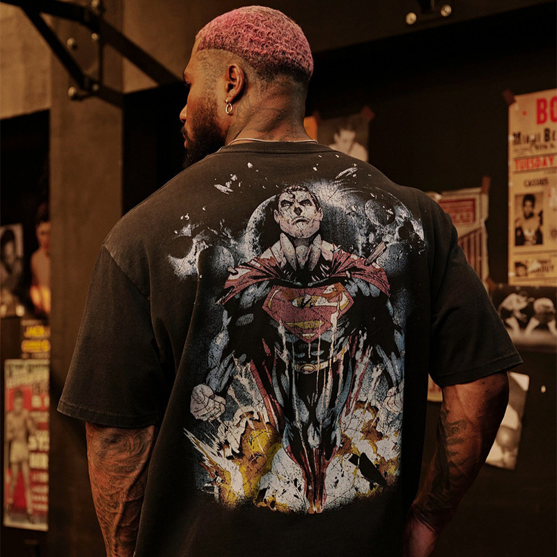 Youngla Superman Collaboration American-Style Trendy Print Oversized Loose Heavyweight Men's Sports Fitness Short-Sleeve T-Shirt