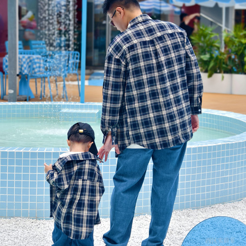Parent-child outfits autumn clothing boys and girls street riding shirts checkered trendy full print fashionable high-end parent-child mother and son outfits