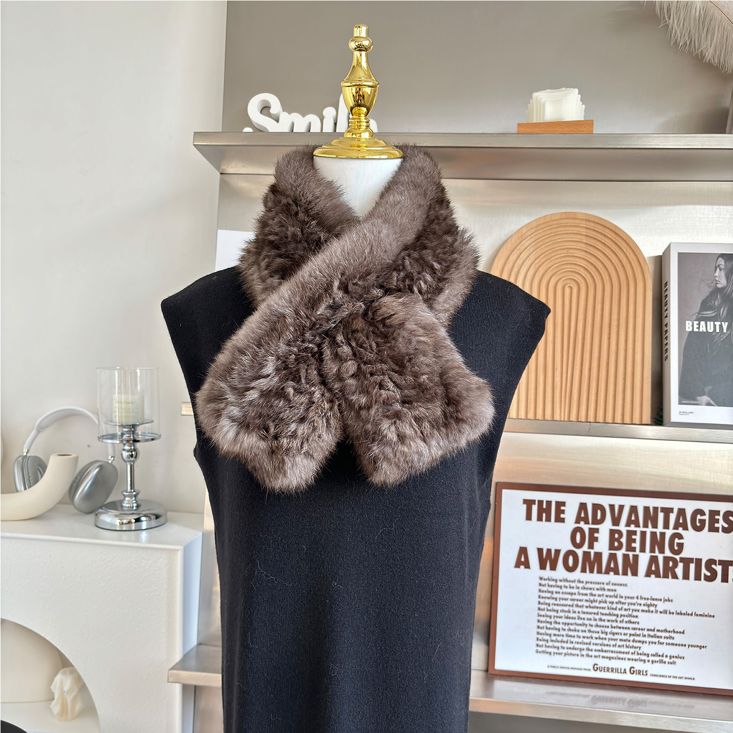 韩版兔毛编织围巾女秋冬双面加厚保暖围脖高级感百搭皮草毛领子