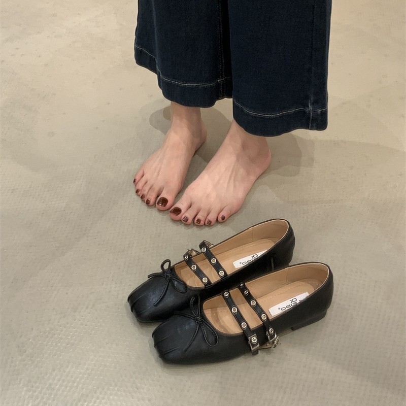 法式交叉皮带扣芭蕾舞鞋女2025新款红色玛丽珍鞋小香风蝴蝶结单鞋|undefined