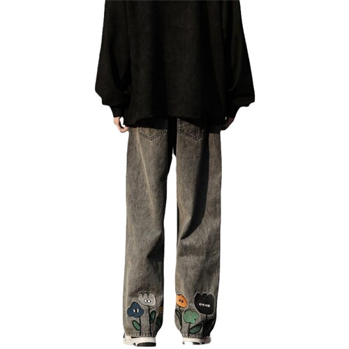 Black jeans for men, national trend embroidery, high street summer youth work pants, thin, nine-inch casual